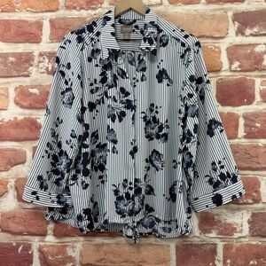 Chicos Top Women's XXL Blue White Striped Floral Abstract Casual Career Shirt
